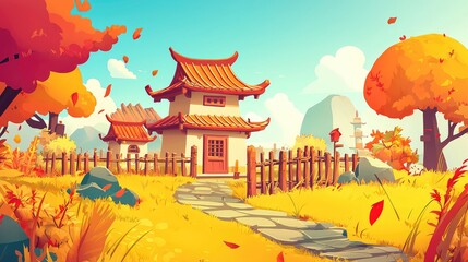 Obraz premium A Traditional Chinese House With Red Roof and Stone Path in Autumn Landscape