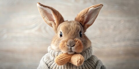 Obraz premium A Curious Bunny in a Knitted Sweater Gazes Intently, Its Soft Fur and Large Ears Creating a Striking Contrast Against the Warm Background