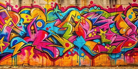 A wall adorned with vibrant abstract graffiti, a symphony of bold colors and dynamic shapes, showcasing the raw energy of street art