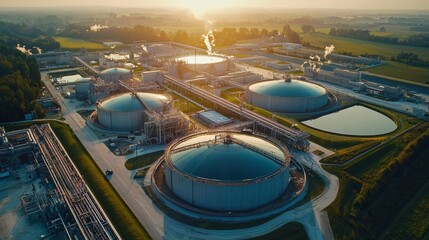 Aerial View of Industrial Biofuel Storage Tanks and Processing Plant at Sunset