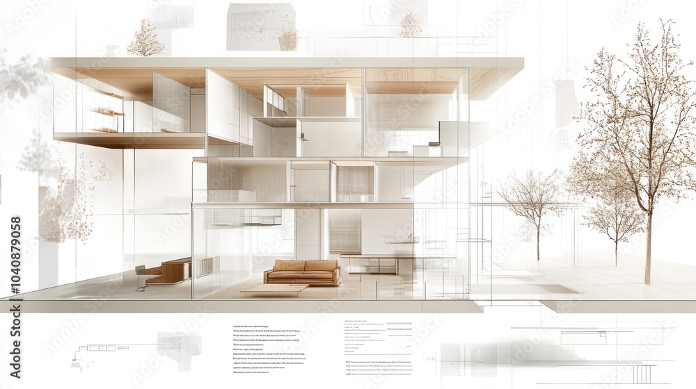 Poster modern architectural design showcasing a transparent multi-level structure.
