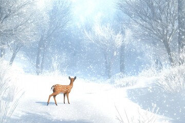 Deer Walking Through Snow-Covered Forest Scene