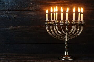 Fototapeta premium Nine Lit Candles on Menorah Against Dark Background