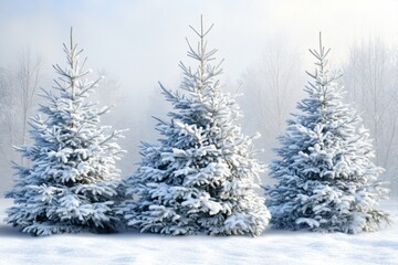 Obraz premium Foggy Morning with Snowy Pine Trees in Winter Scene