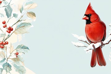 Naklejka premium Red Cardinal Perched on Snowy Branch in Winter Landscape