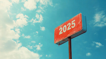 A vintage rustic faded red sign with the year 2025 against a blue cloud sky background