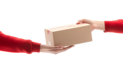 Hands Exchanging a Package Box, Symbolizing Delivery, Shipping, or Gift Giving, with Both Individuals Wearing Red Sweaters