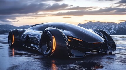 Sleek black futuristic sports car with orange detailing parked on a mountain road.