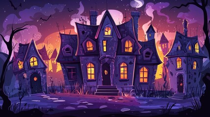 Haunted House with Glowing Windows on a Starry Night