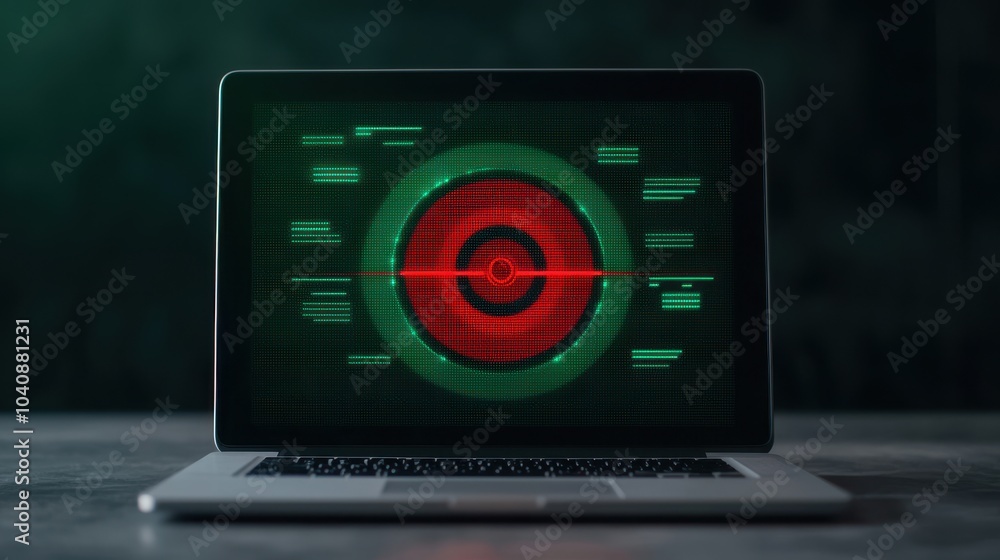 Poster modern laptop with a digital radar interface showing tracking data on screen.
