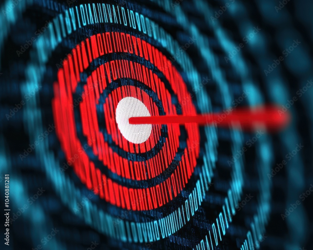 Poster digital bullseye target with vibrant red and blue patterns on a dark background.