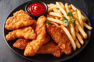 Fried Breaded chicken tender strips with french fries and tomato ketchup on a plate. Dark backgrund. Top view