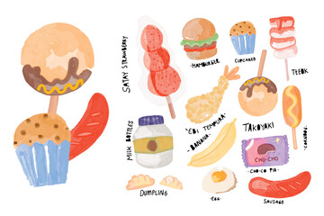 set of watercolor delicious streetfood. korean food and asian food illustration stock element