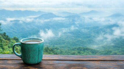 Obraz premium A cup of tea sits on a wooden table overlooking a mountain range. Concept of tranquility and serenity, as the viewer can imagine themselves sitting on the table, sipping the warm beverage