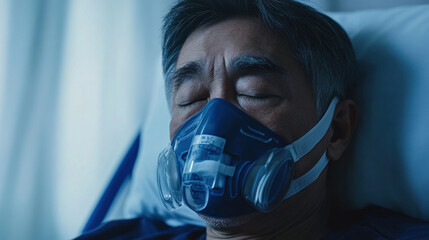 A man is wearing a blue mask and is sleeping. Concept of vulnerability and helplessness, as the man is unable to breathe without the assistance of the mask