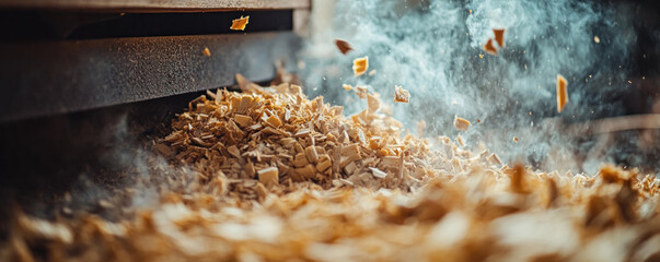 A pile of wood chips is scattered on the ground, with smoke rising from it. Concept of chaos and disarray, as the wood chips are scattered in various directions