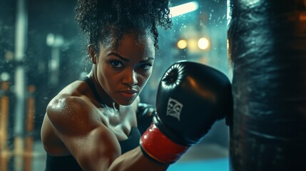 Afro-American woman boxing in a gym, throwing powerful punches at a bag with intensity