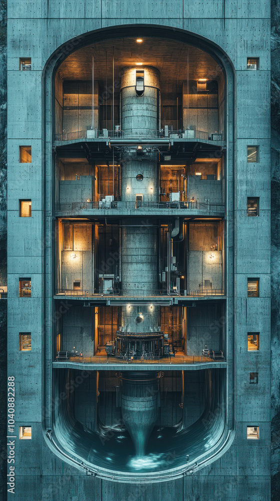 Poster a large building with many rooms and a spiral staircase. the building is lit up with lights, giving 