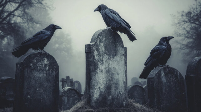 Three crows are perched on a cemetery headstone. The scene is eerie and spooky, with the fog adding to the atmosphere