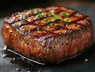 Grilled steak on a wooden board with herbs, perfect for gourmet dishes.