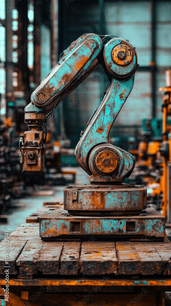 Poster a robot is standing on a wooden platform in a factory. the robot is old and rusty, and it is in a fa