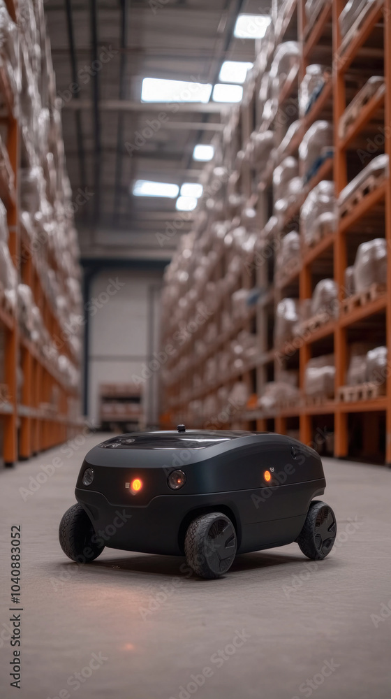 Poster a black robot is in a warehouse with many shelves. the robot is surrounded by boxes and crates