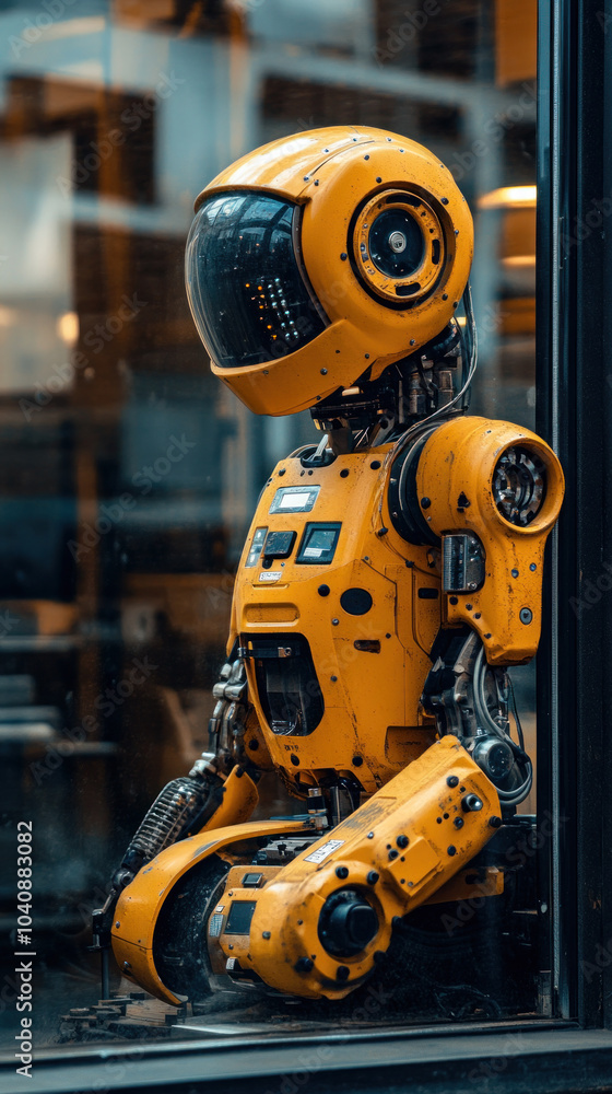Aufkleber a robot is sitting in a window. the robot is yellow and has a helmet on