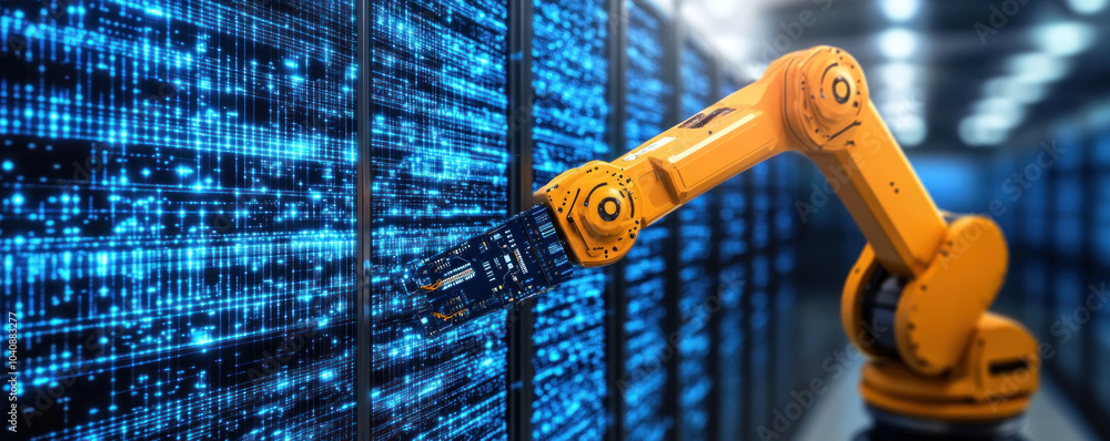 Poster a robot is reaching out to a computer server. the robot is yellow and the server is blue