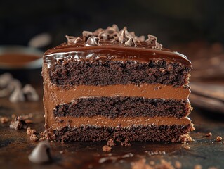 Delicious chocolate cake slice on dark background with chocolate icing and sprinkles.