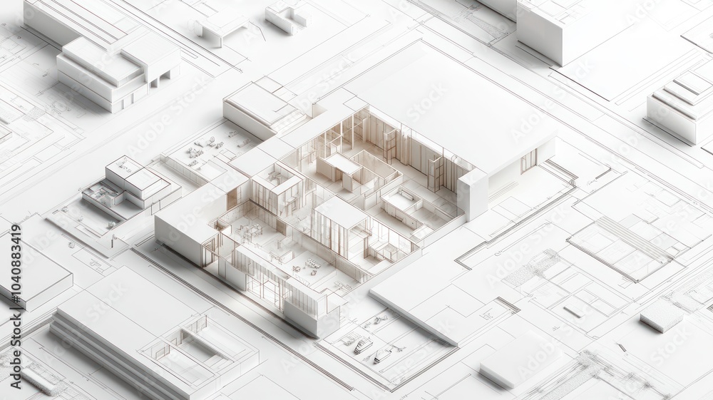 Poster a minimalist architectural model showcasing a building layout.