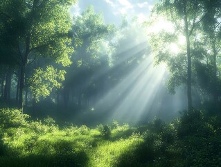 Fototapeta premium A serene forest scene with sunlight streaming through lush green trees, creating a magical atmosphere filled with soft mist.