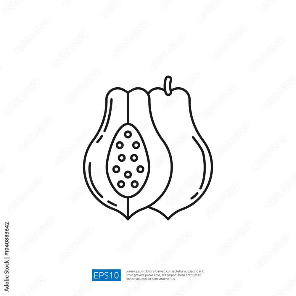Poster this image features a simple line drawing of a papaya fruit, showcasing its outer shape and seeds in