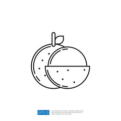 A minimalist line drawing of an orange, showcasing both the whole fruit and a halved version, emphasizing its fresh and juicy appearance.