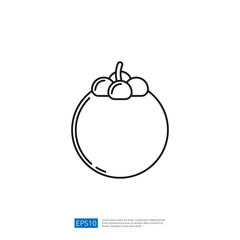 The image features a simple line drawing of a mangosteen fruit, showcasing its round shape and small crown of green leaves on top. It emphasizes minimalist design.