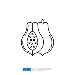This image features a simple line drawing of a papaya fruit, showcasing its outer shape and seeds inside, emphasizing a minimalist design.