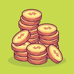 Coins stack vector illustration, flat coin money stacked icon flat, golden penny cash pile, treasure heap isolated