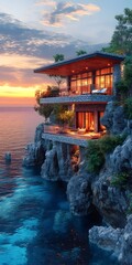 Obraz premium A stunning modern cliffside villa at sunset, with expansive glass windows reflecting the vibrant colors of the sky and ocean waves below.