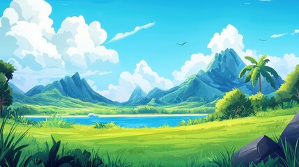 Obraz premium Lush Green Landscape with Mountains, Palm Tree, and Lake