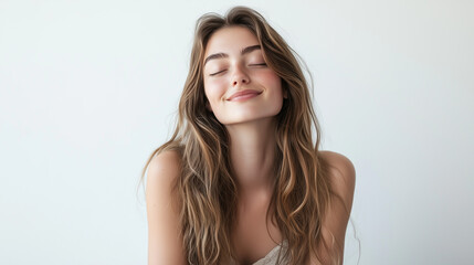 Obraz premium A young woman with long wavy hair, wearing a casual sundress, sitting with a relaxed smile, her eyes half-closed as if enjoying a moment of peace or meditation