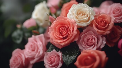 Naklejka premium Vibrant Roses with Dewdrops in Soft Focus
