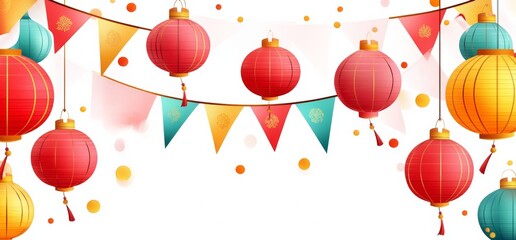 A festive background with colorful flags and lanterns,
