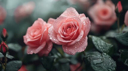 Elegant Pink Roses with Raindrops on Green Leaves