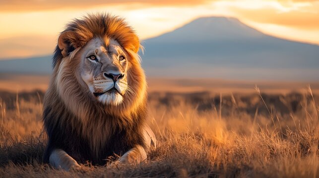 A majestic male lion with a thick mane rests in the golden grasslands during sunset, with a distant mountain peak silhouetted in the background.