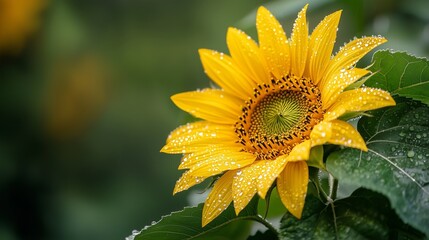 Fototapeta premium Bright Yellow Sunflower with Fresh Drops of Dew
