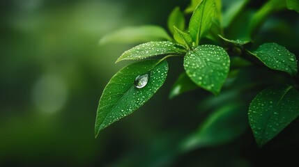 Lush Green Leaves with Dew Drops Close-Up