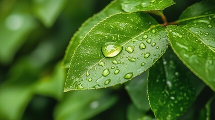 Fresh Green Leaves with Water Droplets