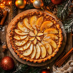 top view of a pear, apple pie, no sugar, with a flaky crust, decorated with pear slices on top, set on a wooden table. pine branches in the background