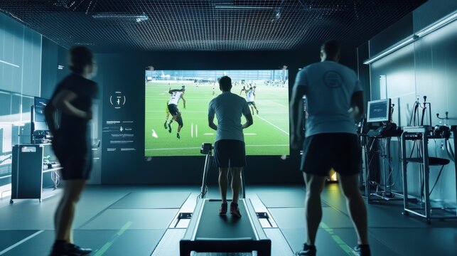 A high-tech sports performance lab with athletes undergoing biomechanical analysis and training using wearable sensors, Sports technology style, photo of