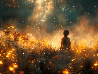 A Child in a Field of Glowing Lights