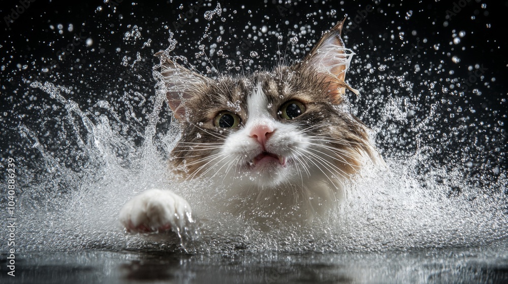 Poster playful cat splashing in water action shot